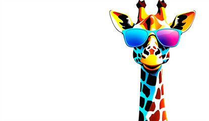 Illustration of a funny giraffe wearing sunglasses isolated on white background. Copy space. Trendy design. Pop art.