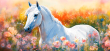 Beautiful White Horse In A Field Of Colorful Flowers In Watercolor Painting Style.