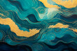 Magical fairytale ocean waves art painting. Unique teal and gold wavy swirls of magic water. Fairytale navy and yellow sea waves. Children’s book waves, kids nursery cartoon illustration by Vita