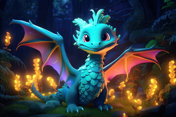 Wall Mural - Cute 3d glowing dragon, nature background