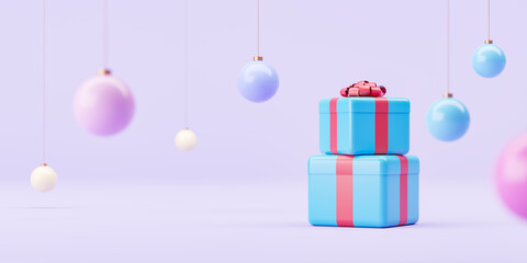 Two gifts stand on top of each other on a pink background with Christmas tree decorations. New Year 2024 celebration concept. 3d rendering.