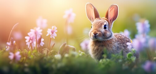 cute baby rabbit in flower field, dreamy atmosphere background wallpaper, Generative Ai