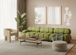 © Michael - 3d interior, soft and warm room with green tufted corner sofa