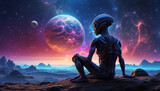 An alien sits on his planet and observes space.