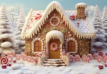  A Christmas Scene Of A Gingerbread House With Candy Canes And Candy Canes On The Front Of The House.