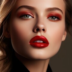 A close-up of a woman's face with perfectly applied red lipstick.