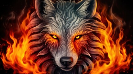 Sticker -  a close up of a wolf's face on a black background with red and yellow fire around it's eyes.