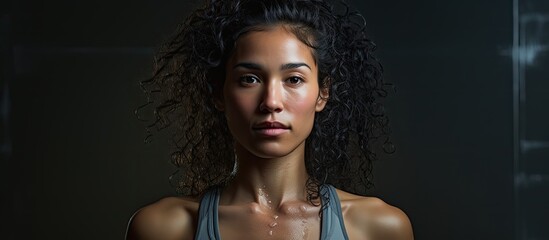 Wall Mural - At the gym, the black portrait of an Asian woman captured the energy and determination of people as they trained, exercising with focus and drinking water to maintain their fitness and health.