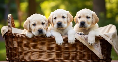 Wall Mural -  three yellow lab puppies sitting in a wicker basket with a blanket on the back of one of the puppies.
