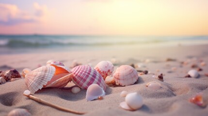 Wall Mural -  a bunch of seashells are laying on the sand at the beach with the sun setting in the background.