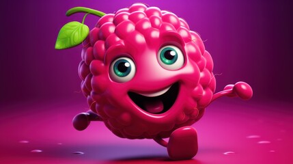 Wall Mural -  a cartoon raspberry running with a green leaf on it's head and eyes, with a purple background.