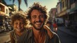 young handsome father carying his child on his shoulders - happy family travel picture
