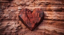  A Heart Shaped Piece Of Wood Sitting On Top Of A Rock Wall Next To Another Piece Of Wood That Has Been Carved Into It.