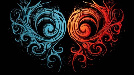  two colorful swirls on a black background with a red and blue swirl on the left and a blue swirl on the right.