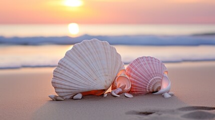 Wall Mural -  two seashells on a sandy beach with the sun setting in the background and a footprints imprint in the sand.