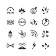 Pain icons set. The place where pain is manifested. Pain point. Appearance of pain, intensity. Types and location. Sensitive points. Black and white style