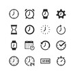 Time icons set. Clock. Wall clocks, wrist watches, digital and analog. Measurement and display of time. Devices show the current time. Black and white style