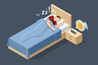 Isometric man sleeping in bed at night. Tiredness and exhaustion concept.