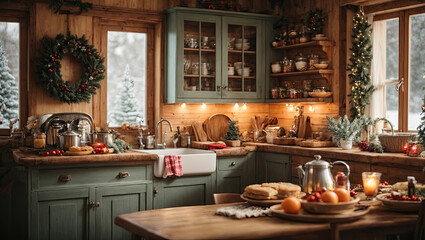 Wall Mural - Cozy village kitchen with Christmas decor, new Year's mood, preparing for the holiday, utensils. Merry Christmas and Happy New Year greeting card, home warmth