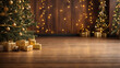 Empty wooden floor in brown and gold tones for product display with a wall in the interior of the room, with a Christmas decor. Copy space, Christmas and New Year. 