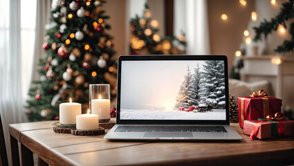 Laptop with a winter picture on the table against the background of the Christmas decor of the room with a Christmas tree, fairy lights, cozy home