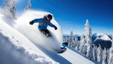 Fototapeta Tęcza - A snowboarder carving through a half-pipe, with a clear blue sky above