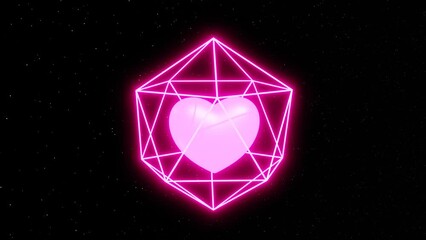 Wall Mural - 3d Abstract dreamy pink cute heart in glowing neon lines shape rotating in space  wallpaper animation. Valentine's day love bulb morph shape in space stars retro 80s 90s y2k 30fps 4k looped animation