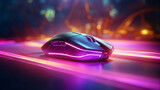 Fototapeta  - Une souris d'ordinateur chromé avec des néons, led intégrés de couleur rose. Technologie, ordinateur, travail. Pour conception et création graphique