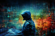 © Наталья Лазарева - Abstract representation of the digital war with pixel effects, the fight against cybercriminals, a portrait of a policeman fighting identity thieves