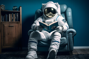 Wall Mural - cute spaceman or astronaut sitting on a chair and reading book. ai generative