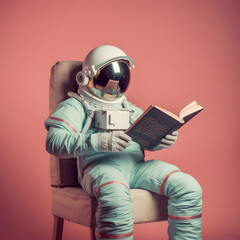 Wall Mural - cute spaceman or astronaut sitting on a chair and reading book. ai generative