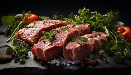 Poster - Freshness and tenderness of grilled beef steak on wooden table generated by AI