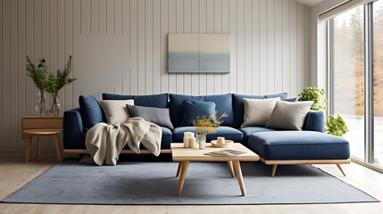 Two knitted poufs near dark blue corner sofa. Scandinavian home interior design of modern living room