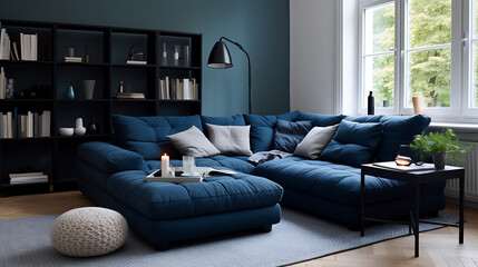 Two knitted poufs near dark blue corner sofa. Scandinavian home interior design of modern living room