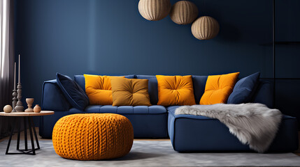 Two knitted poufs near dark blue corner sofa. Scandinavian home interior design of modern living room