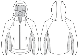 Wall Mural - Long sleeve Hoodie jacket design flat sketch Illustration, Protection mid layer Hooded jacket with front and back view, winter hoody jacket for Men and women. for hiker, outerwear in winter