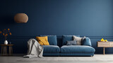 Fototapeta  - Two knitted poufs near dark blue corner sofa. Scandinavian home interior design of modern living room