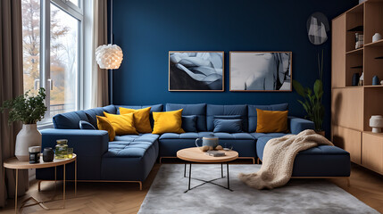 two knitted poufs near dark blue corner sofa. scandinavian home interior design of modern living roo