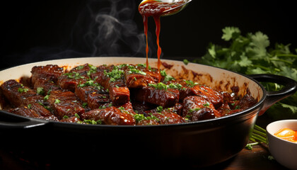 Poster - Grilled beef steak with fresh vegetables, homemade sauce, rustic table generated by AI