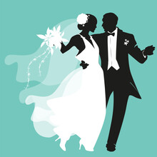 Silhouette Of Elegant Wedding Couple Dancing In Retro Style. Bride Wearing Long Dress And Veil On Head, Groom Wearing Tailcoat.