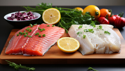 Wall Mural - Freshness of seafood, gourmet meal grilled salmon steak, healthy eating generated by AI