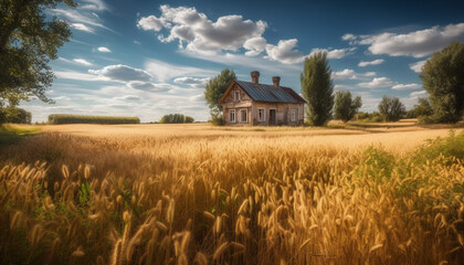 Wall Mural - Tranquil rural scene sunset over wheat meadow, old farmhouse generated by AI