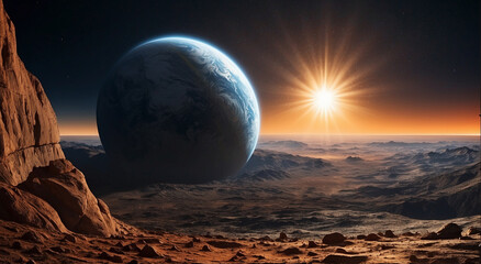 Wall Mural - A stunning view of Earth rising over the rugged lunar surface, with the sun's rays casting a warm glow on the horizon - AI Generative