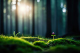 Fototapeta Natura - A captivating macro photograph of damp tiny mushrooms emerging from the damp forest floor, with their rich earthy tones contrasting against the green moss. The image showcases the intricate details an