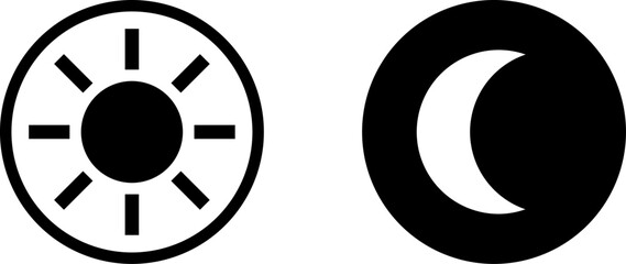 Poster - Light Day and Dark Night Mode Sun and Moon Symbol Round Circle Button Icon Set. Vector Image.