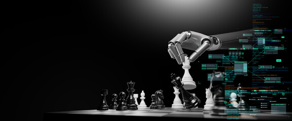 ai Artificial Intelligence,Data Science,Information technology,edge computing.Robotic arm playing chess on chessboard.Advanced technology utilizes complicated algorithms to solve problems for humanity