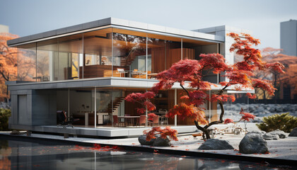 Poster - Fresh autumn leaves on modern building, vibrant colors reflect nature generated by AI