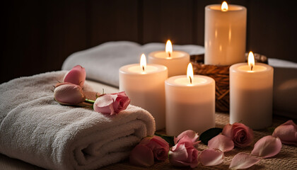 Wall Mural - Luxury spa treatment candlelight, aromatherapy, massaging, petal, relaxation beauty generated by AI