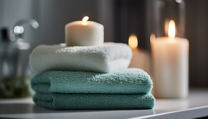 Poster - Soft blue towels folded on wooden table, candle illuminates foreground generated by AI