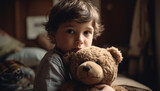 Cute Caucasian boy smiling, holding teddy bear on comfortable bed generated by AI